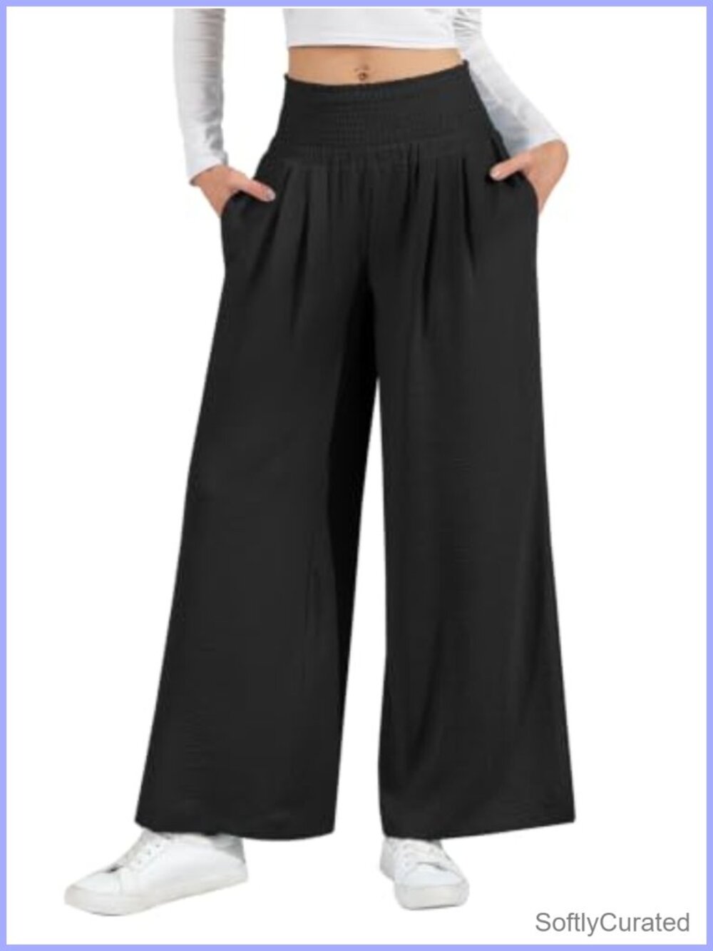 Smocked High Waist Wide Leg Palazzo Lounge Pants Pull On Pockets